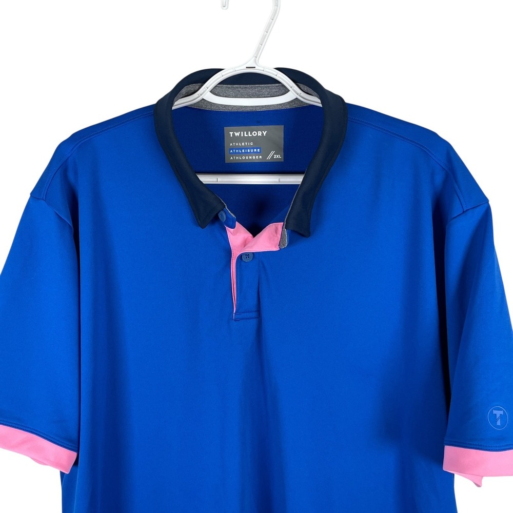 Twillory Mens AthLounger Performance‎ Polo Shirt 2XL Blue Pink Stretch Athletic